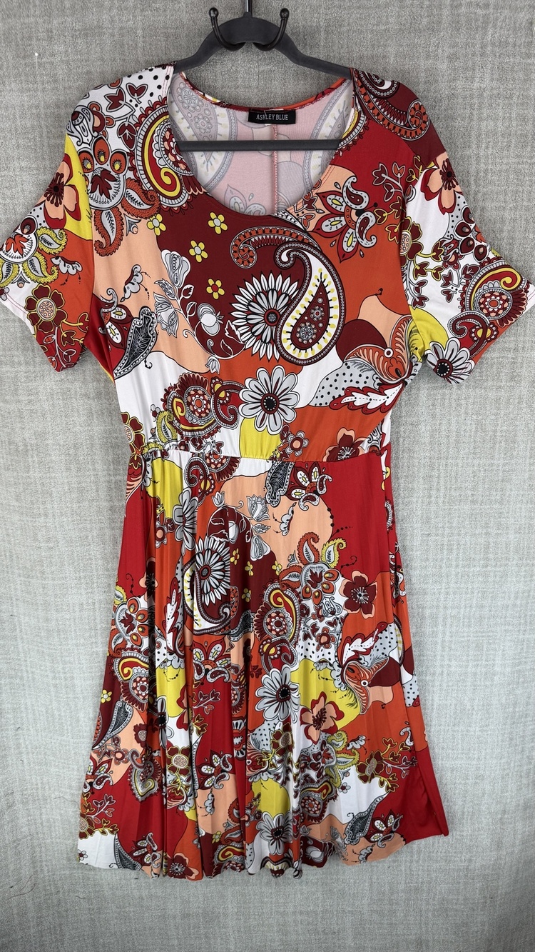 Ashley Blue Dress Womens L Red Fit & Flare Scoop Neck Short-Sleeve Hawaiian
